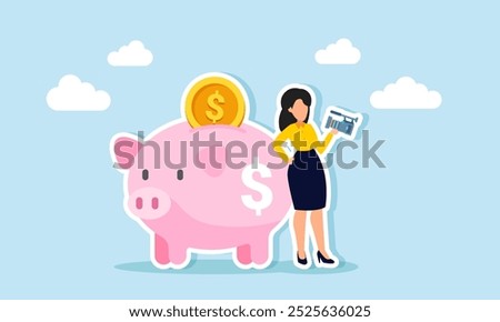 A businessman vlogs or records himself next to a piggy bank, illustration of the act of showing off success in his investments.