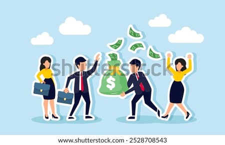 A businessman carries a money bag with cash flying around, celebrated by his business partner, illustrating appreciation for a partner's success in generating profit  