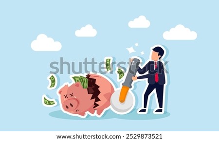 A businessman cutting open a piggy bank filled with money using a saw, illustrating the process of liquidating a deposit investment