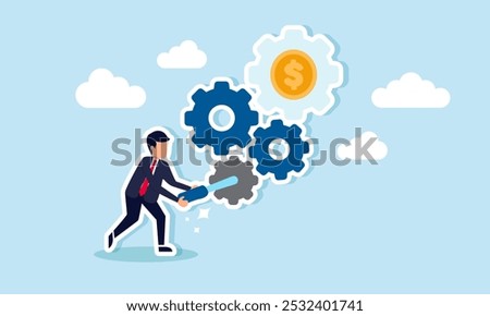 A businessman setting up a gear machine labeled with dollar coins, illustration of maintenance and system adjustments to align with dollar valuation  