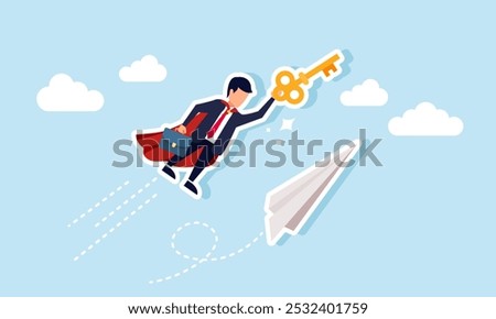 A super businessman flying in the sky with a paper airplane carrying a key, illustration of high-performing employees try to enhance company performance related to business solutions