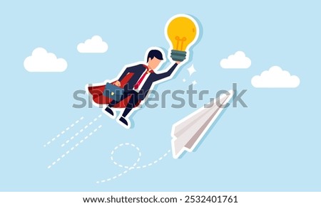 A super businessman flying in the sky with a paper airplane carrying a light, illustration of high-performing employees try to enhance company performance related to business ideas