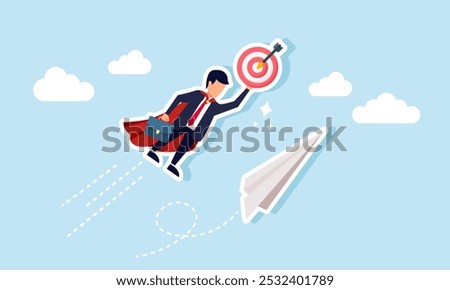 A super businessman flying in the sky with a paper airplane carrying a target board, illustration of best employees try to elevate company performance business targets