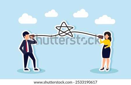 A businessman and businesswoman talking through a traditional device with a cord forming a star, illustration of sharing or communication about business ratings and quality  