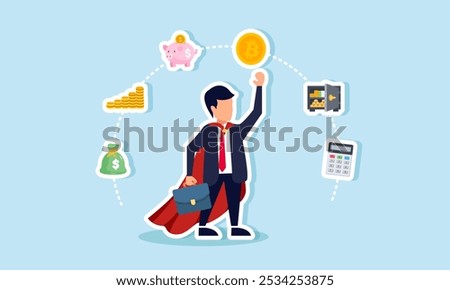 A super businessman is surrounded by items related to financial management, illustrating how effective financial management boosts business performance