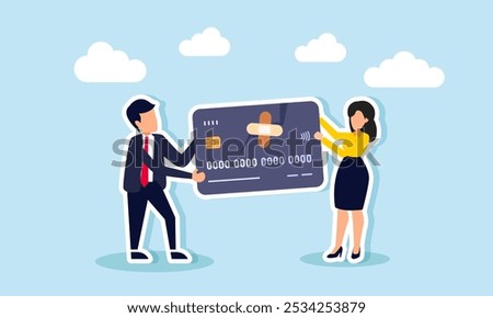 A businessman and businesswoman are repairing cracked credit cards with bandage tape, illustrating financial improvement in paying off credit card bills