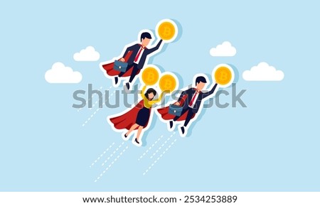 A group of super businessmen is flying in the sky carrying bitcoins, illustrating the results of collaboration in analyzing and monitoring bitcoin valuation movements