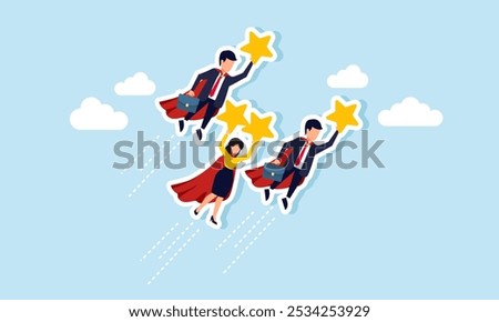 A group of super businessmen is flying in the sky carrying stars, illustrating the results of collaboration in achieving business ratings