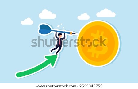 A businessman jumps from an upward arrow holding a dart, aiming to pin it on a bitcoin, illustration of targeting bitcoin assets with a specific valuation