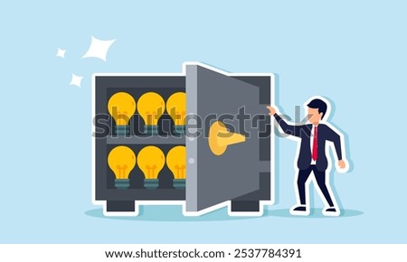 A businessman standing next to a safe filled with lights, illustration of maintaining innovation and business ideas to keep the company relevant to the market  