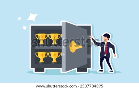 A businessman standing next to a safe filled with trophies, illustration of maintaining the title of best business  