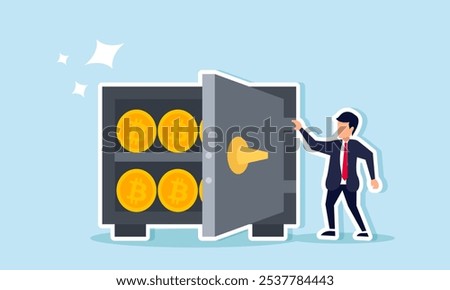 A businessman standing next to a safe filled with bitcoins, illustration of securing investment assets in the form of bitcoin  