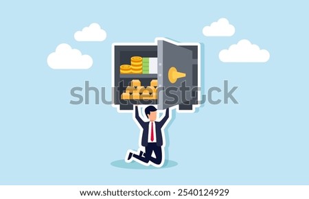 A businessman kneeling while lifting a safe filled with gold and stacks of money, illustration of the burden carried from having numerous investment assets