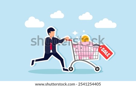 A businessman pushes a shopping cart filled with piggy banks labeled SALE, illustration of selling investment assets for business capital needs