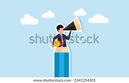 A businessman looks through a telescope made from a pencil, holding a lamp, illustration of analyzing business ideas and innovations relevant to the industry