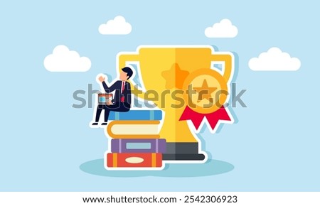 A businessman with a laptop sits on a pile of books next to trophies and awards, illustration of completing many business projects and receiving awards for it