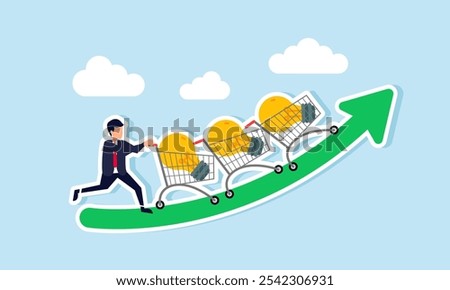 A businessman pushes a row of shopping carts filled with lights on a rising green chart, illustration of provide input on business ideas for business growth and improvement