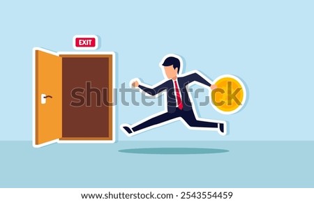 A businessman carrying bitcoin running toward an exit, illustration of selling bitcoin assets to take profit