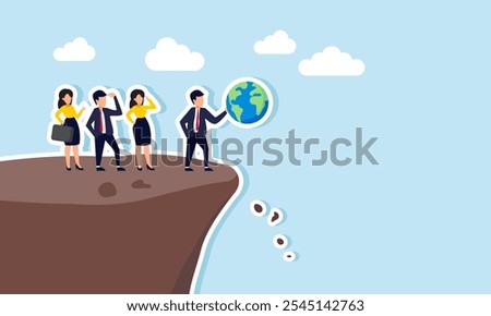 several businessmen watching a businessman holding a globe at the edge of a cliff, illustration of a business model endangering the world's sustainability by harming nature