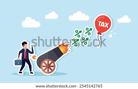 A businessman stands beside a cannon firing percentage bullets targeting a balloon labeled TAX, illustration of tax amnesty for business