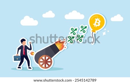 A businessman stands beside a cannon firing percentage bullets targeting a balloon labeled Bitcoin, illustration of targeting Bitcoin valuation at halving or low valuation