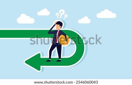 A businessman holds a dollar coin standing on a U-turn, looking confused, illustration of business profit performance and revenue suddenly dropping