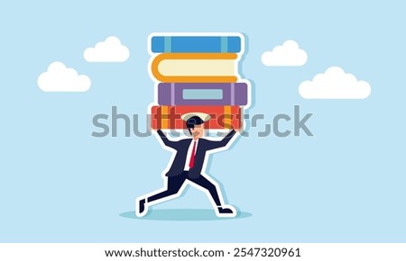 A businessman runs while holding a stack of books, illustration of completing a business project report effectively and efficiently