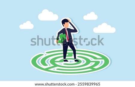 A businessman stands on a maze holding a dollar sign, illustration of confusion in managing financial stability of a business company