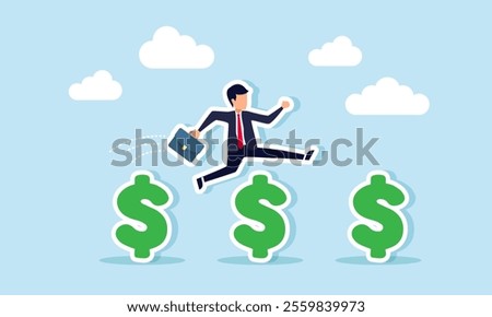 A businessman jumps over obstacles of dollar signs, illustration of step-by-step progress through financial milestones of a business company