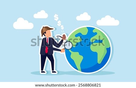 A businessman as a detective with a cigarette emitting dollar coin smoke and a magnifying glass observing a globe, illustration of analyzing global business trends to boost revenue