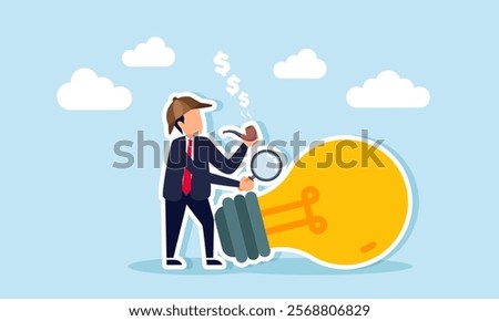 A businessman as a detective with a cigarette emitting dollar coin smoke and a magnifying glass observing a lamp, illustration of analyzing creative ideas to boost business revenue