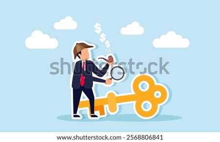 A businessman as a detective with a cigarette emitting dollar coin smoke and a magnifying glass observing a key, illustration of analyzing solutions to boost business revenue