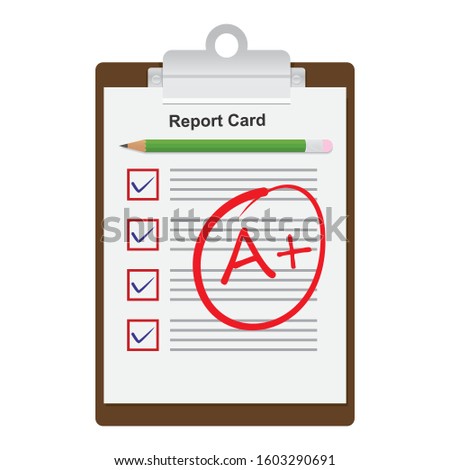 school report card with A plus grades, flat design vector illustration
