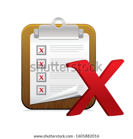 Vector icon concept of clipboard with paper and x mark.