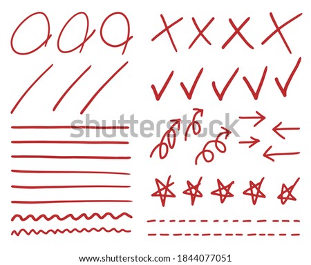 Red grade results mark for test. hand drawn underlines, highlight frames elements, zigzags, arrows symbols,circles, stars.