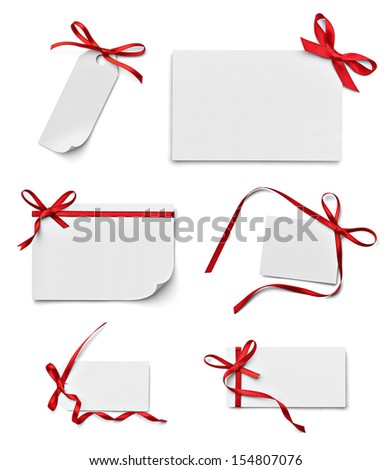 collection of various note card with ribbon bow on white background. each one is shot separately