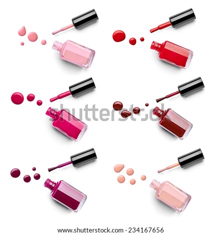 collection of various nail polish bottle and drop on white background. each one is shor separately