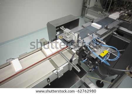 interior of a pharmaceutical industry equipment for packing pills boxes