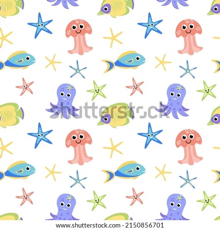 Sea seamless pattern with multicolored fish, finger fish, octopus, jellyfish. Cartoon, flat. Isolated vector illustration eps