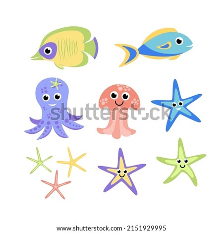 Sea set with colorful fish, bright finger fish, octopus, jellyfish. Cartoon, flat. Isolated vector illustration eps