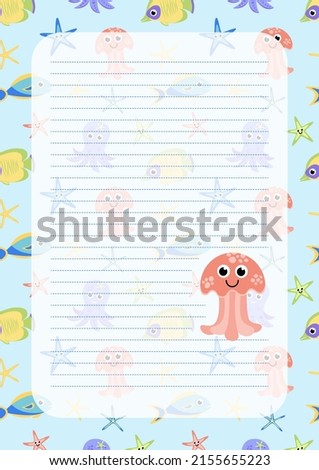 Note paper or notebook sheet with jellyfish. Flat, cartoon, vector