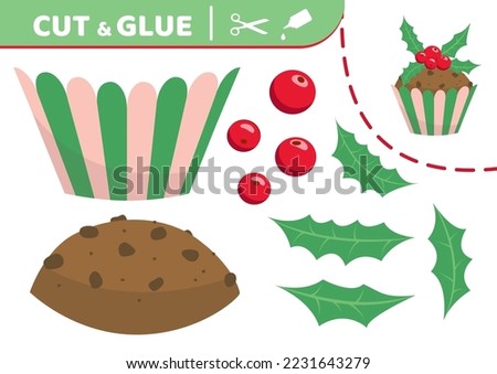 Chocolate Christmas cupcake. Cut and glue. Application work. Hooly, berries. Paper education game. Flat, cartoon. Isolated vector illustration eps 10