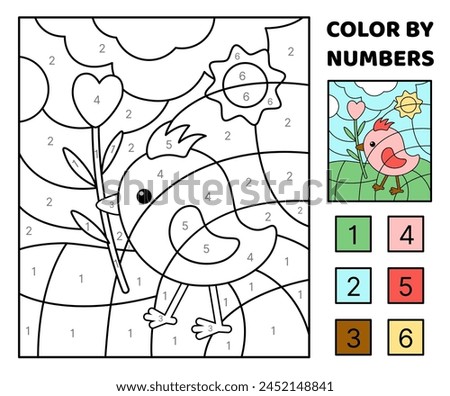 Color by number. Pink nestling with flower. Coloring page. Game for kids. Cartoon, vector. Isolated vector illustration eps 10