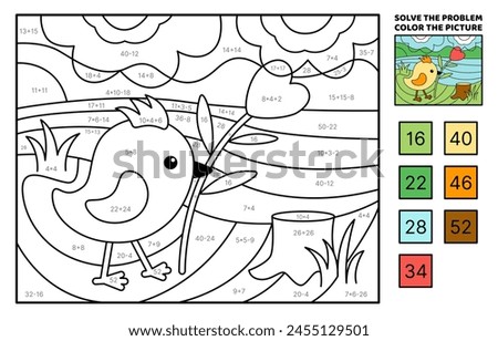 Solve the problem, color the picture. Chick and red flower. Addition, subtraction, multiplication, division. Coloring book. Cartoon, vector. Isolated vector illustration eps 10
