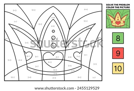 Solve the problem, color the picture. Gold crown decorated red hearts. Addition, subtraction. Coloring book. Cartoon, vector. Isolated vector illustration eps 10
