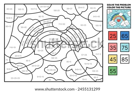 Solve the problem, color the picture. Rainbow in the sky with heart. Addition, subtraction, multiplication, division. Coloring book. Cartoon, vector. Isolated vector illustration eps 10