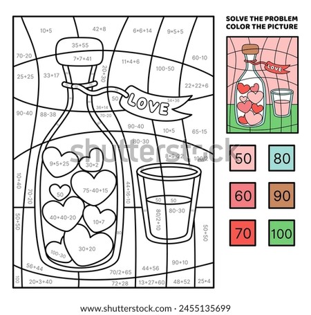 Solve the problem, color the picture. Bottle and glass with love drink. Addition, subtraction, multiplication, division. Coloring book. Cartoon, vector. Isolated vector illustration eps 10