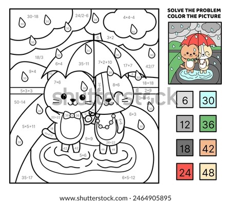 Solve the problem, color the picture. Cats under red umbrella. Addition, subtraction, multiplication, division. Coloring book. Cartoon, vector. Isolated vector illustration eps 10