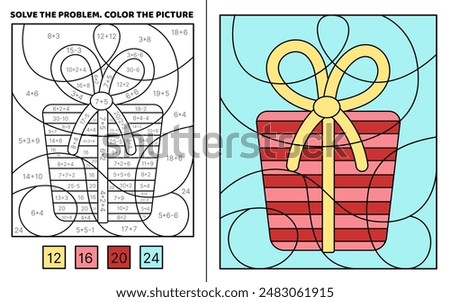 Solve the problem. Red striped present with yellow bow. Color the picture. Addition, Subtraction, multiplication, division, Coloring book. Cartoon, vector. Isolated vector illustration eps 10