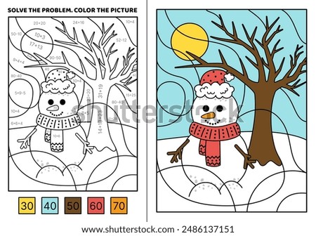 Solve the problem. Snowman, winter landscape. Color the picture. Coloring book. Addition, Subtraction, multiplication, division, Coloring book. Cartoon, vector. Isolated vector illustration eps 10